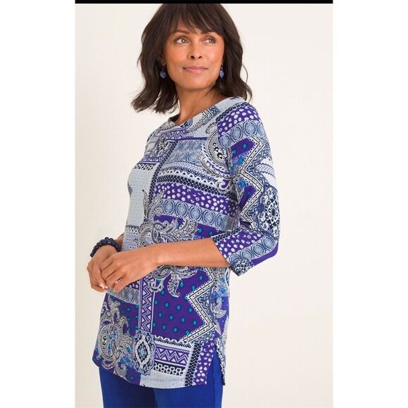 Chico’s Blue Paisley Tunic Top Size 1 M Boho Patchwork 3/4‎ Sleeve Travelers - Picture 1 of 9